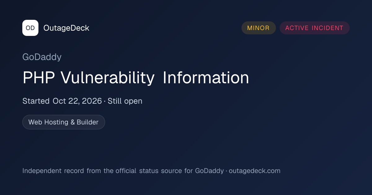 GoDaddy: PHP Vulnerability Information (Oct 22, 2026) | OutageDeck
