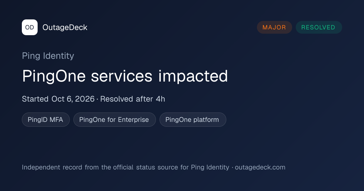 Ping Identity: PingOne services impacted (Oct 6, 2026) | OutageDeck