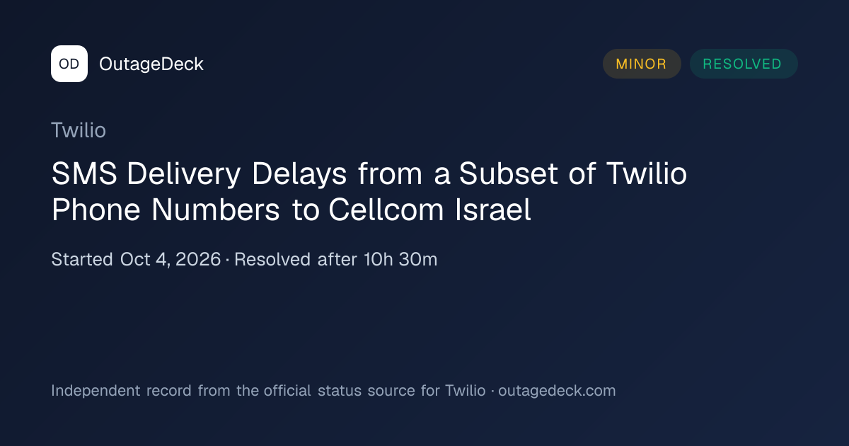Twilio: SMS Delivery Delays…to Cellcom Israel (Oct 4, 2026) | OutageDeck